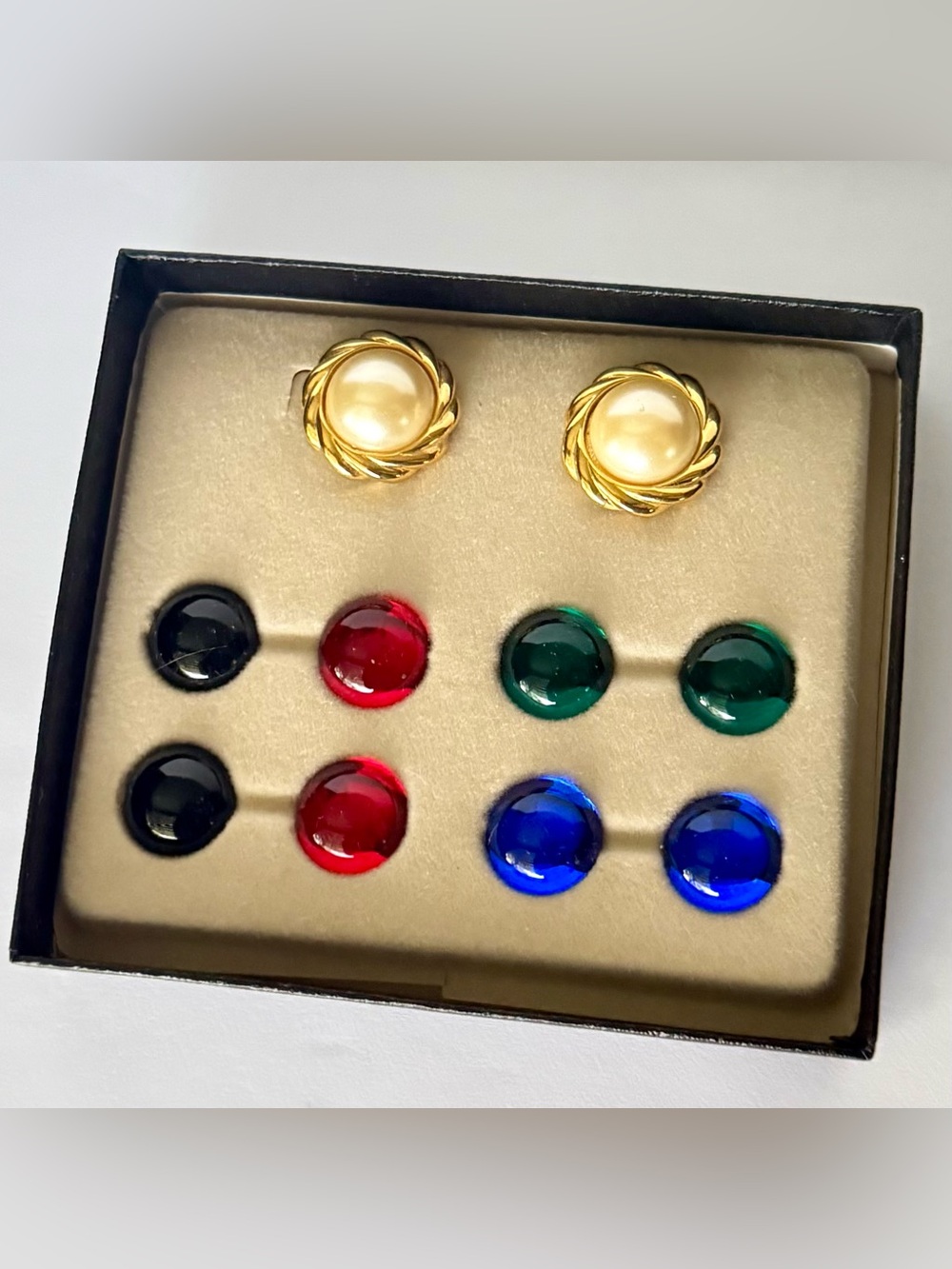 Vintage KJL Interchangeable Gold Tone Pierced Earrings with 5 pairs of cabochons
